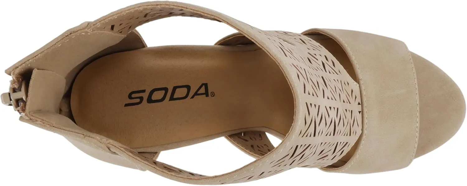 Soda “Amicia” ~ Women Round Peep Toe Single Band Geometric Cutout Low Block Heel Sandal with Back Zipper