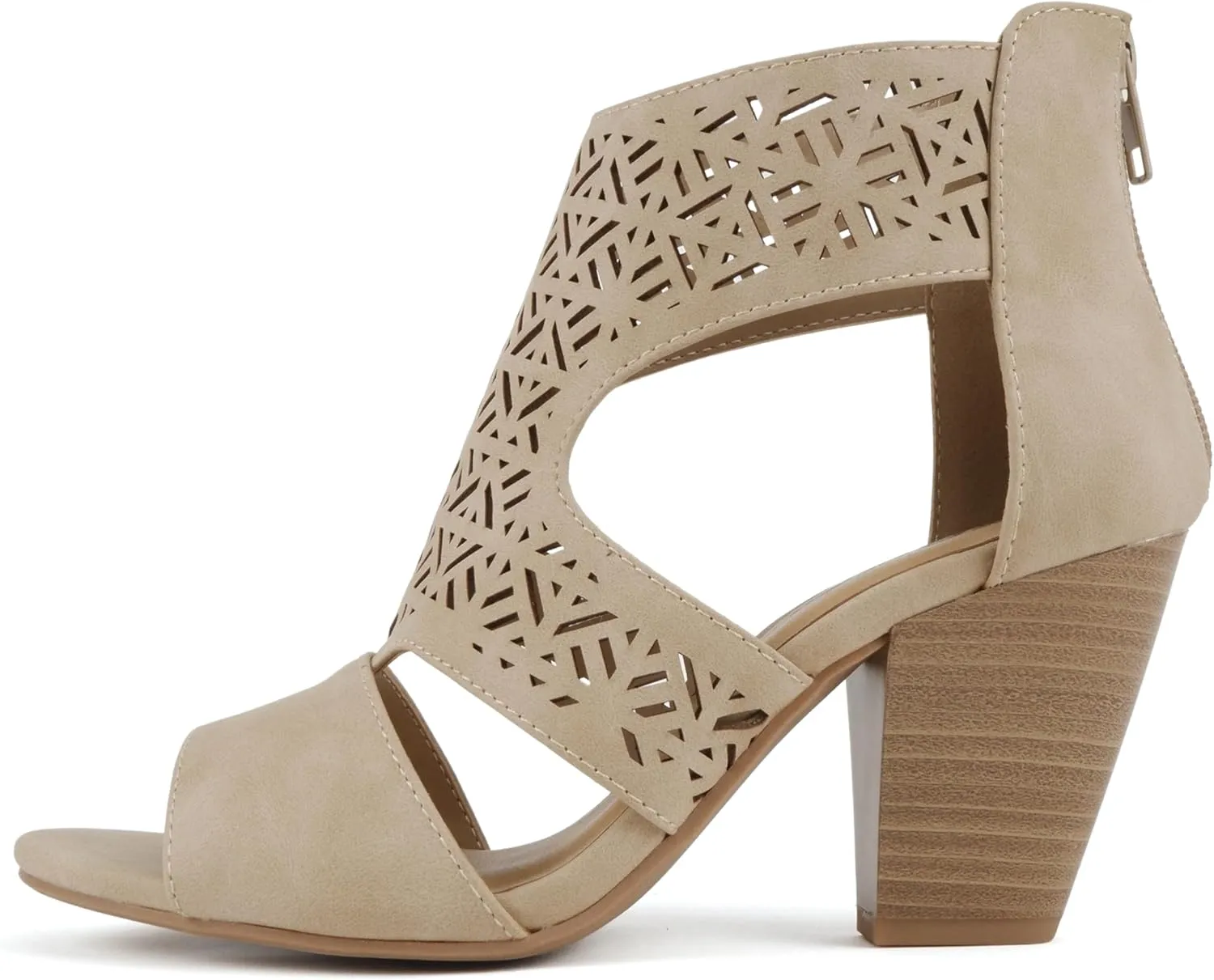 Soda “Amicia” ~ Women Round Peep Toe Single Band Geometric Cutout Low Block Heel Sandal with Back Zipper