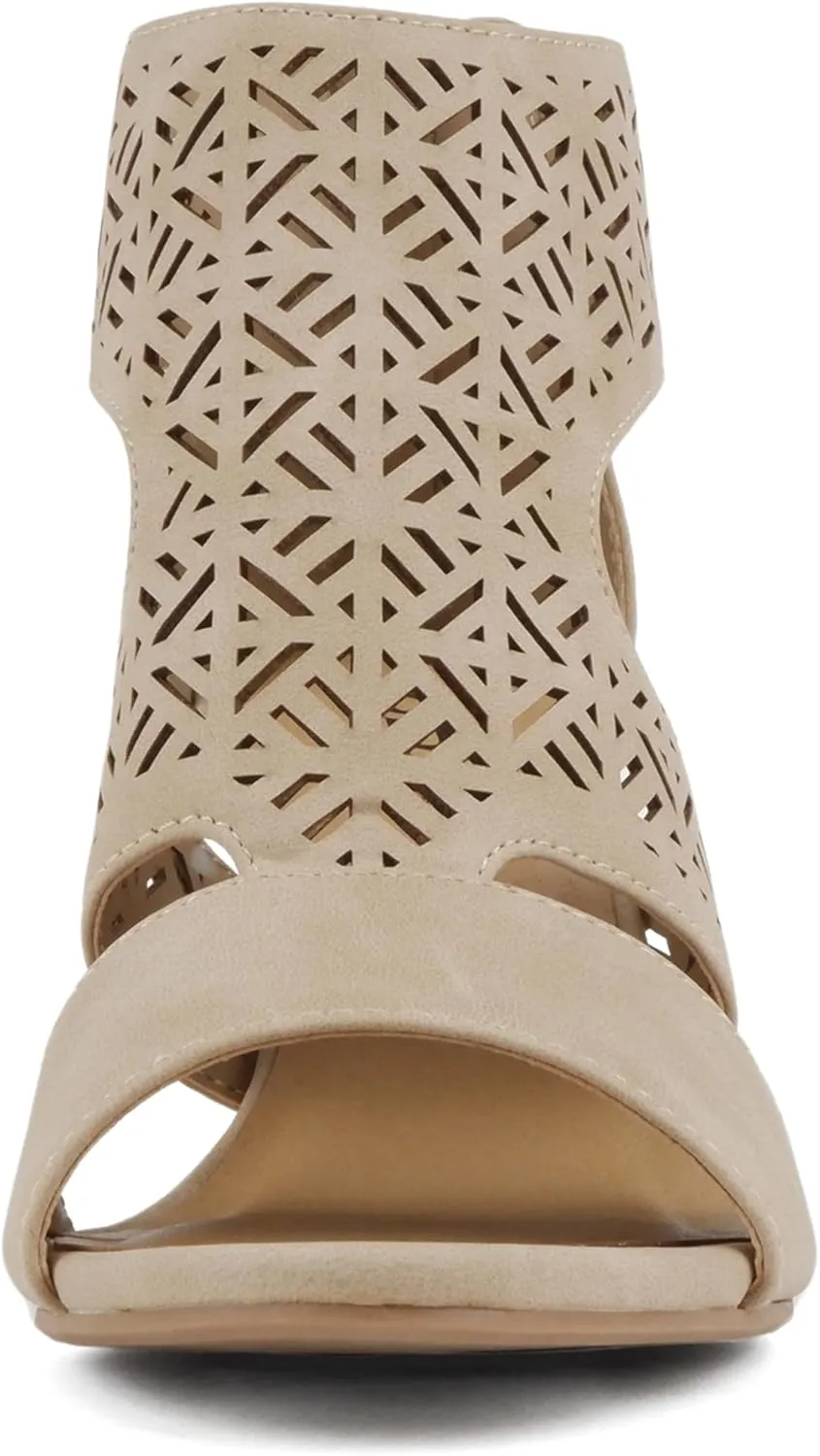 Soda “Amicia” ~ Women Round Peep Toe Single Band Geometric Cutout Low Block Heel Sandal with Back Zipper