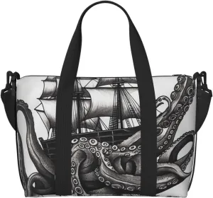 Sports Gym Bag for Women Men Travel Duffel Bag Tote Black and White Octopus and Ship Weekender Bag Canvas Carry on Overnight Bag for Travel Swimming Fitness Workout Sports Duffle Bag