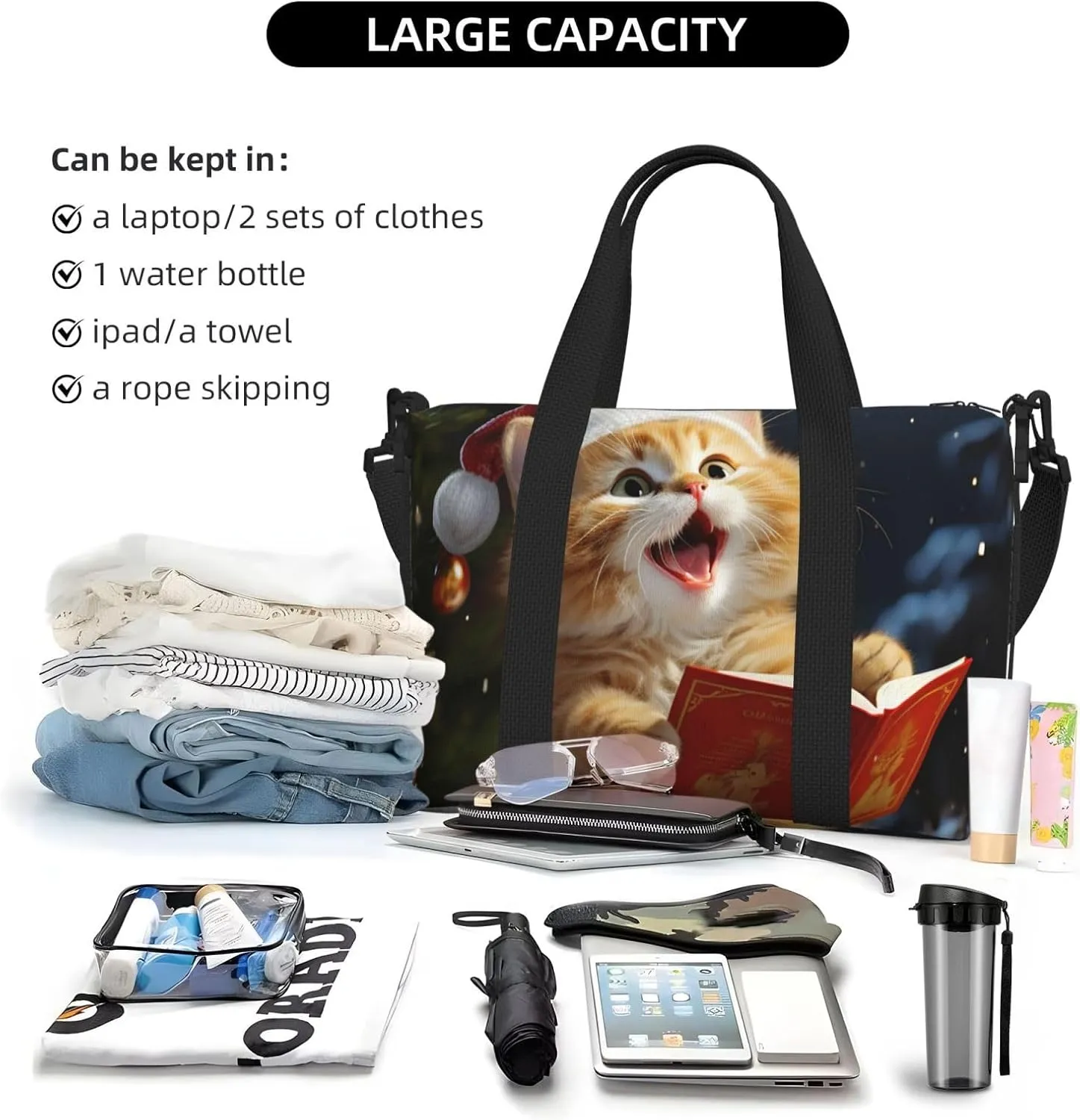 Sports Gym Bag for Women Men Travel Duffel Bag Tote Cute Cat Sing Christmas Carols Weekender Bag Canvas Carry on Overnight Bag for Travel Swimming Fitness Workout Sports Duffle Bag