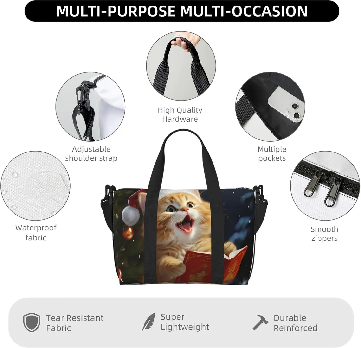 Sports Gym Bag for Women Men Travel Duffel Bag Tote Cute Cat Sing Christmas Carols Weekender Bag Canvas Carry on Overnight Bag for Travel Swimming Fitness Workout Sports Duffle Bag