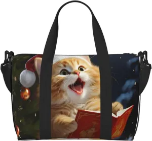 Sports Gym Bag for Women Men Travel Duffel Bag Tote Cute Cat Sing Christmas Carols Weekender Bag Canvas Carry on Overnight Bag for Travel Swimming Fitness Workout Sports Duffle Bag