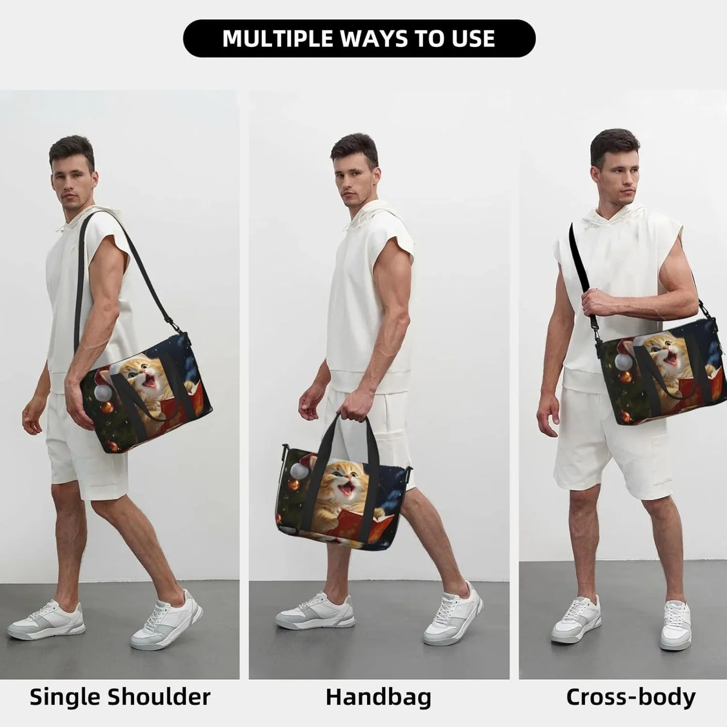 Sports Gym Bag for Women Men Travel Duffel Bag Tote Cute Cat Sing Christmas Carols Weekender Bag Canvas Carry on Overnight Bag for Travel Swimming Fitness Workout Sports Duffle Bag