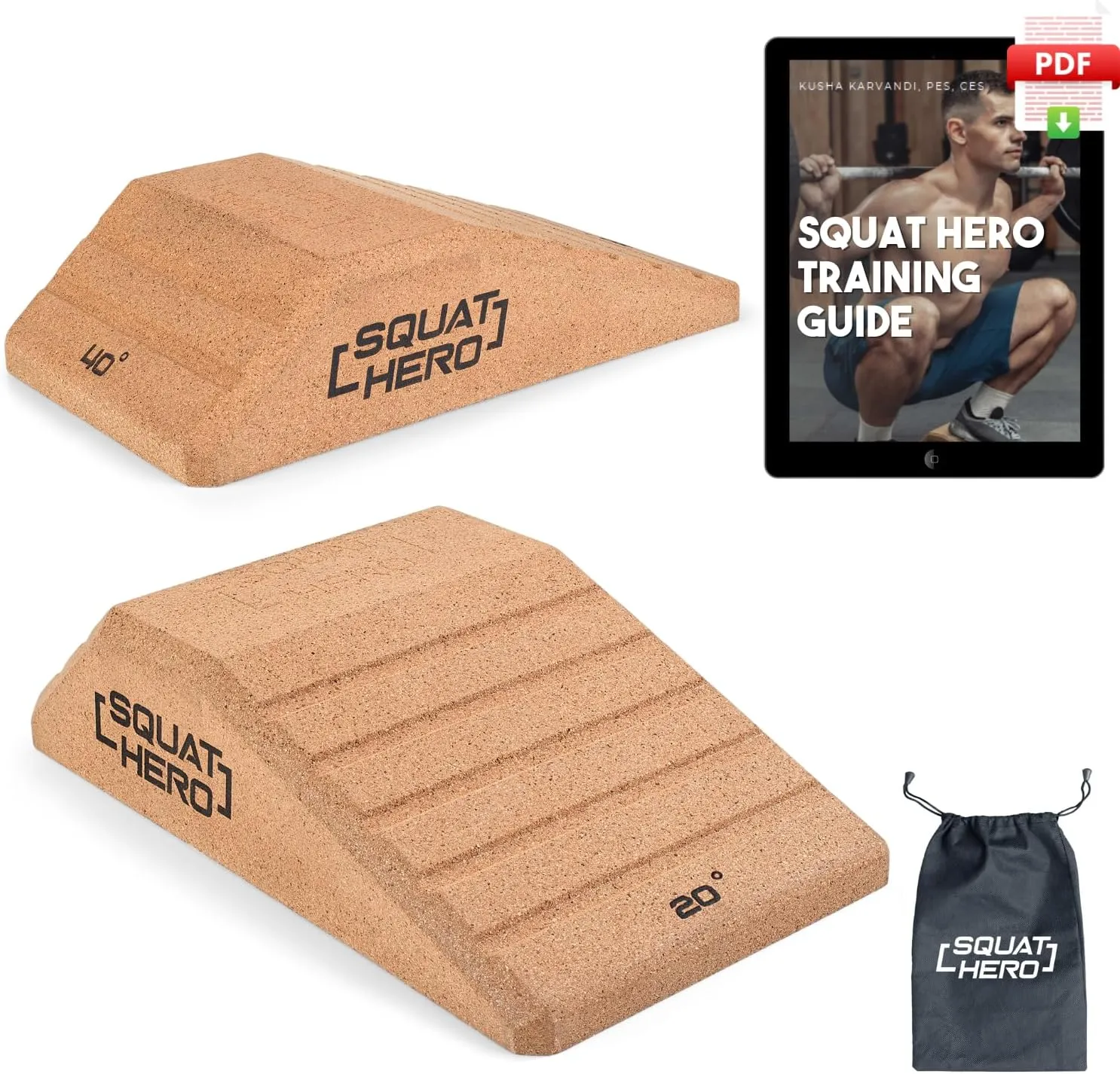 Squat Hero, Cork Squat Wedge Block, Perfect for Knees Over Toes and Full Depth Squat Training, Patent Pending Non-Slip Slant Board, Deadlift Wedge, Calf Stretcher, Quantity 2