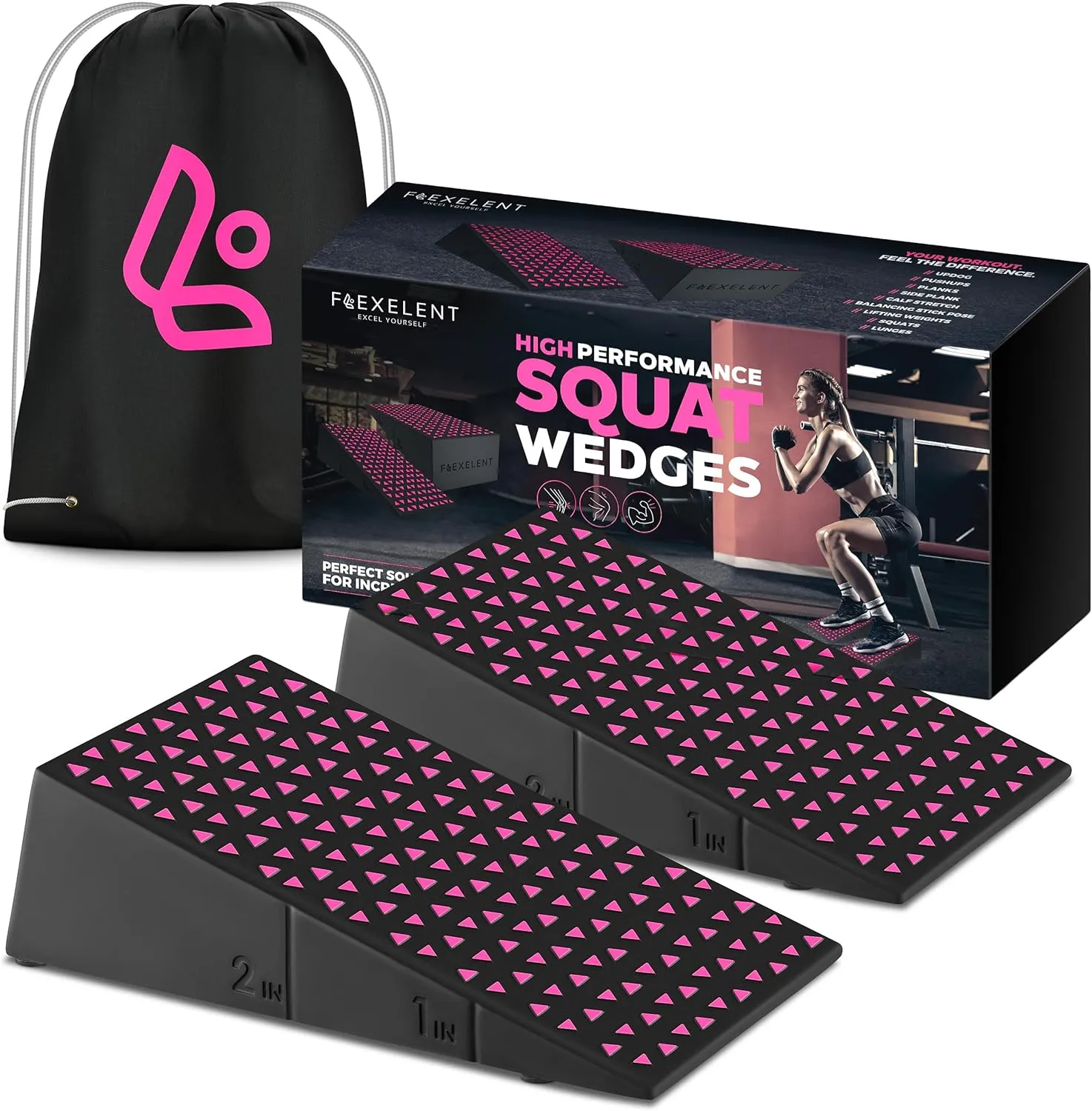 Squat Wedge Block Pair - Non Slip Squat Wedges & Ramp for Exercise, Home Gym, Weight Lifting & Yoga - Calf Stretcher Slant Board to Elevate Heels, Improve Ankle Mobility, Backpack Included for Storage