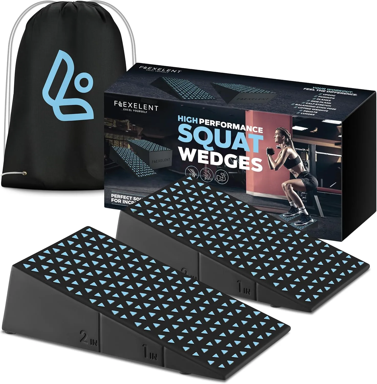 Squat Wedge Block Pair - Non Slip Squat Wedges & Ramp for Exercise, Home Gym, Weight Lifting & Yoga - Calf Stretcher Slant Board to Elevate Heels, Improve Ankle Mobility, Backpack Included for Storage