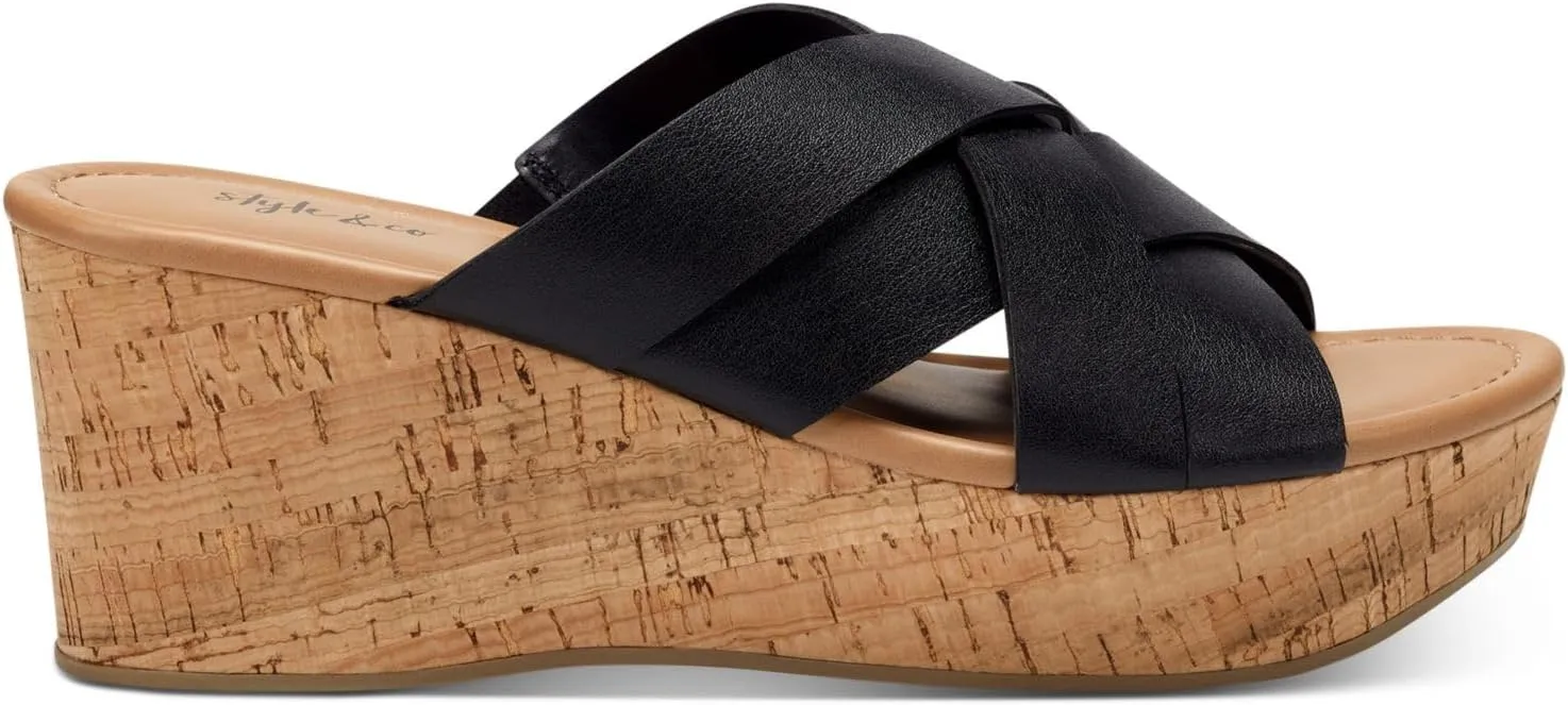 Style & Co. Womens VIOLETTE Cork Open Toe Wedge Sandals Black 8.5 Medium (B,M)