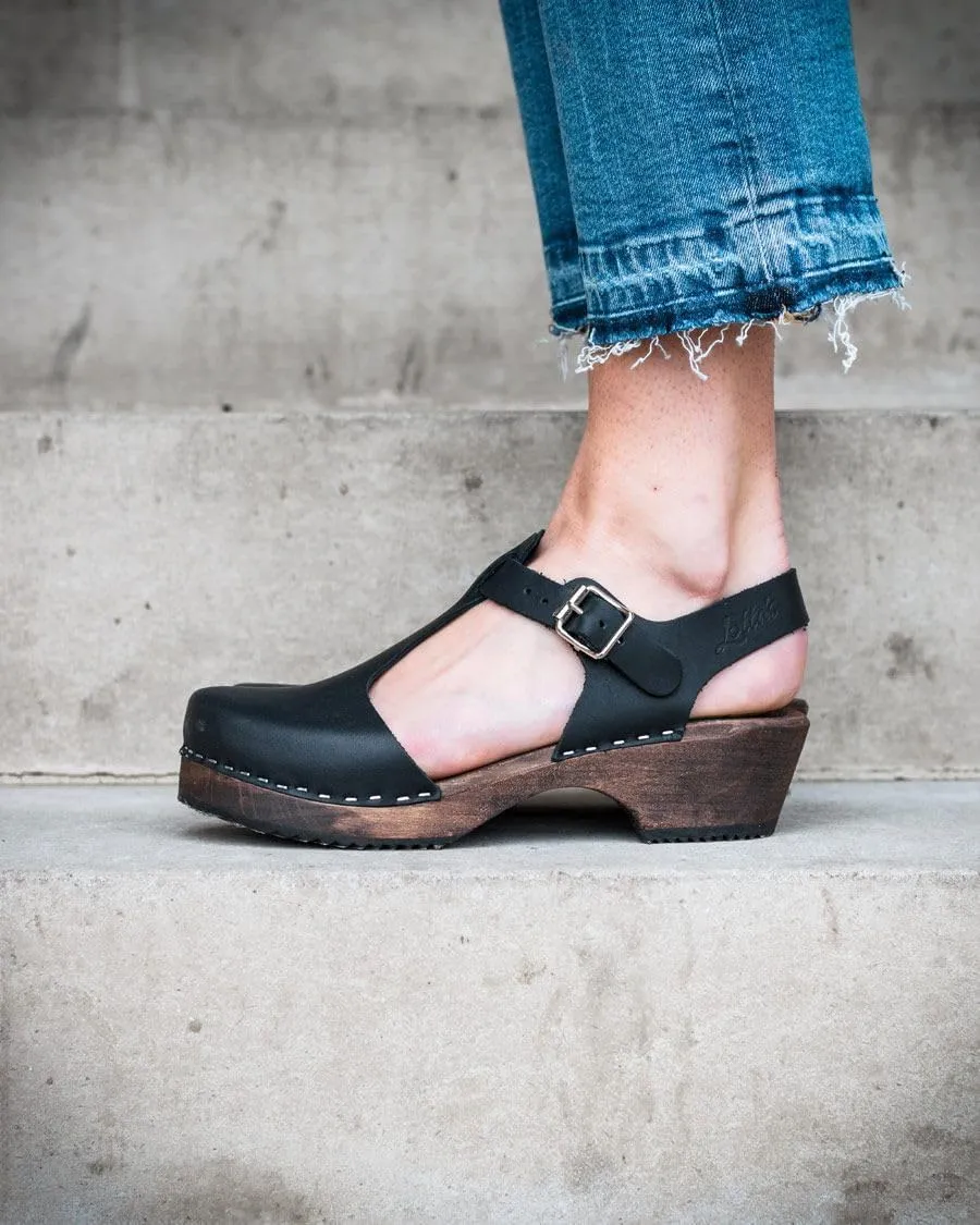 Swedish Low Heel T-Bar Sandal Clog I Women's Low Wood Clog Shoes with Brown Base I Alder Wooden Base with a Pronounced Arch Support I Full Grain Black Leather