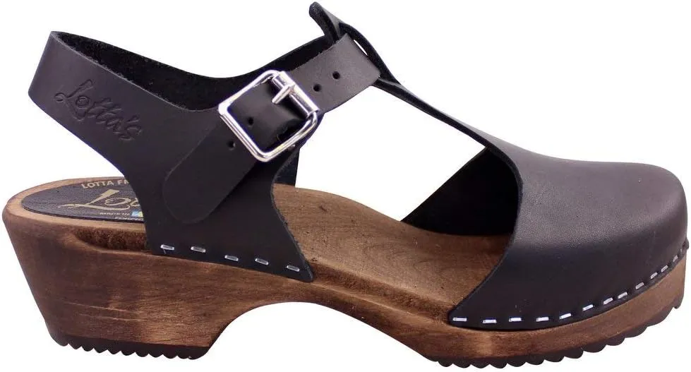 Swedish Low Heel T-Bar Sandal Clog I Women's Low Wood Clog Shoes with Brown Base I Alder Wooden Base with a Pronounced Arch Support I Full Grain Black Leather