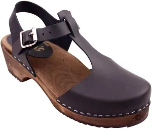 Swedish Low Heel T-Bar Sandal Clog I Women's Low Wood Clog Shoes with Brown Base I Alder Wooden Base with a Pronounced Arch Support I Full Grain Black Leather