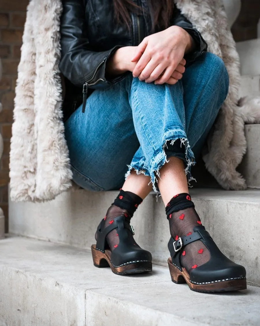 Swedish Low Heel T-Bar Sandal Clog I Women's Low Wood Clog Shoes with Brown Base I Alder Wooden Base with a Pronounced Arch Support I Full Grain Black Leather