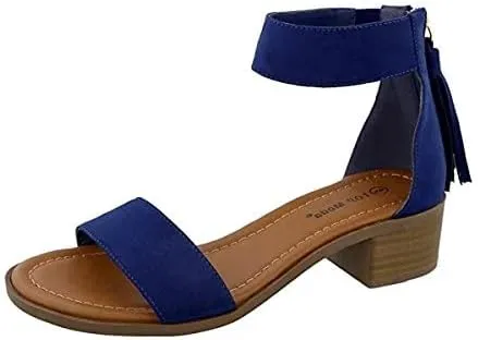 TOP Moda Women's Tassel Fringe Zip Back Block Heel Sandal