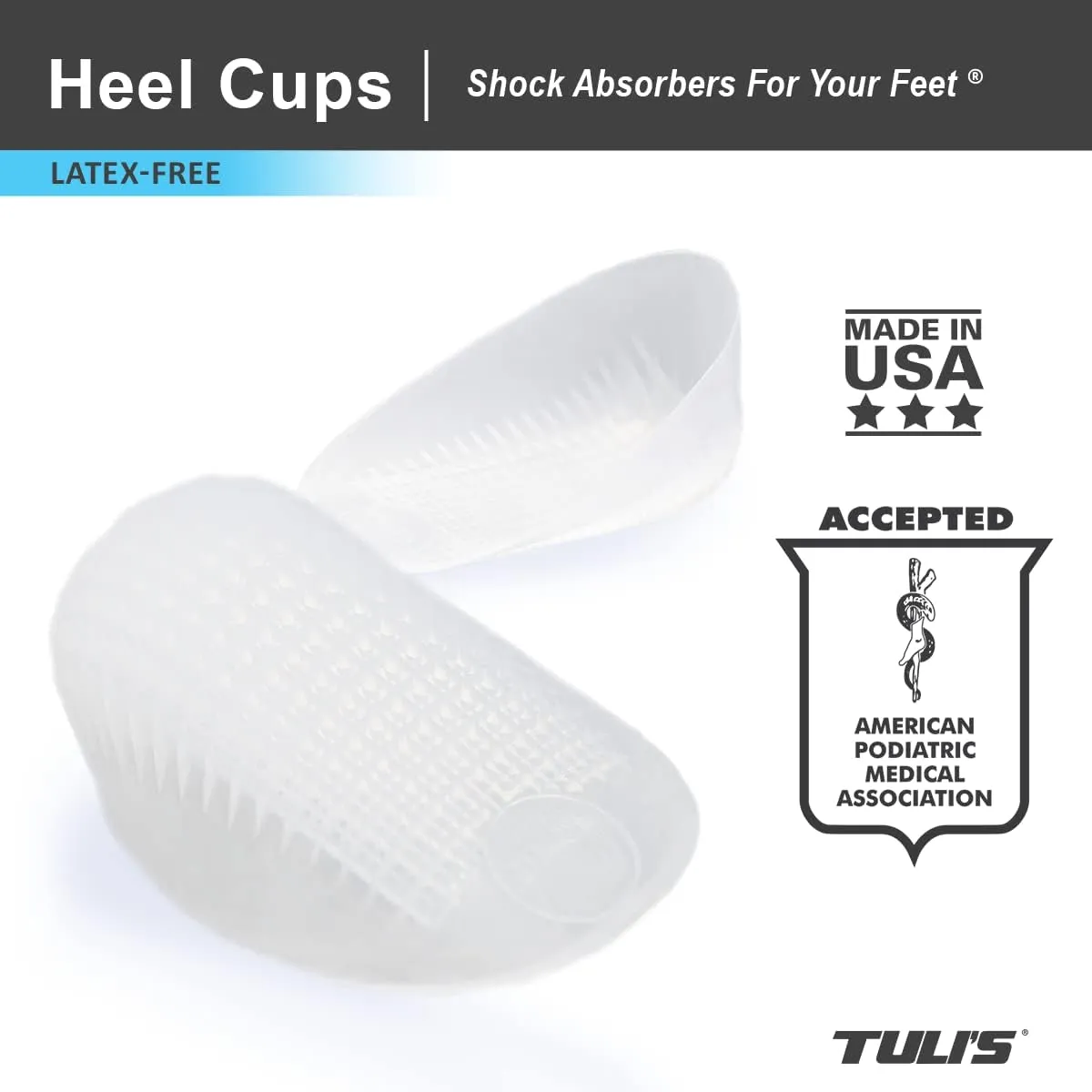 Tuli's Classic Gel Heel Cups, Cushion Insert for Shock Absorption and Plantar Fasciitis and Heel Pain Relief, Made in the USA, 1 Pair, Large