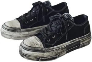 Vintage Style Street-Inspired Men's Canvas Skate Shoes - Distressed Solid Color Lace-Up Low Top Sneakers for Casual, Daily Wear - All-season Fabric Lined Rubber Sole Skateboarding Shoes with Round Toe