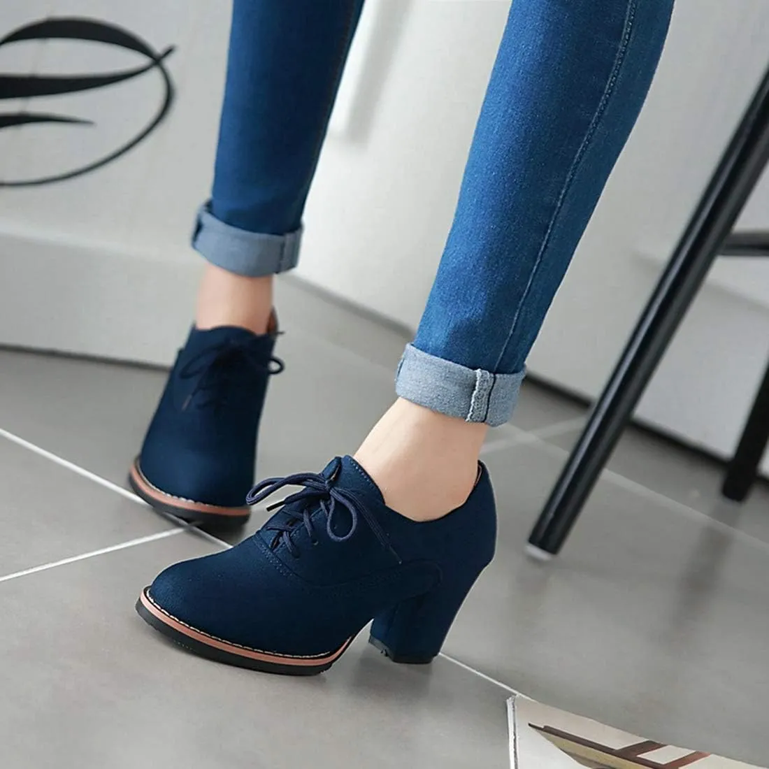 VOKLIN Women's Lace Up Pump Oxfords Shoes Fashion Suede Round Toe Comfort Chunky Mid Heels Dress Ankle Boots