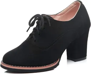 VOKLIN Women's Round Toe Suede Lace Up Half Ankle Booties Chunky Block Heel Dress Short Boots Oxford Shoes