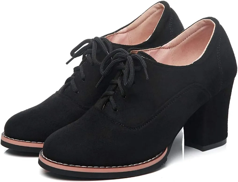 VOKLIN Women's Round Toe Suede Lace Up Half Ankle Booties Chunky Block Heel Dress Short Boots Oxford Shoes