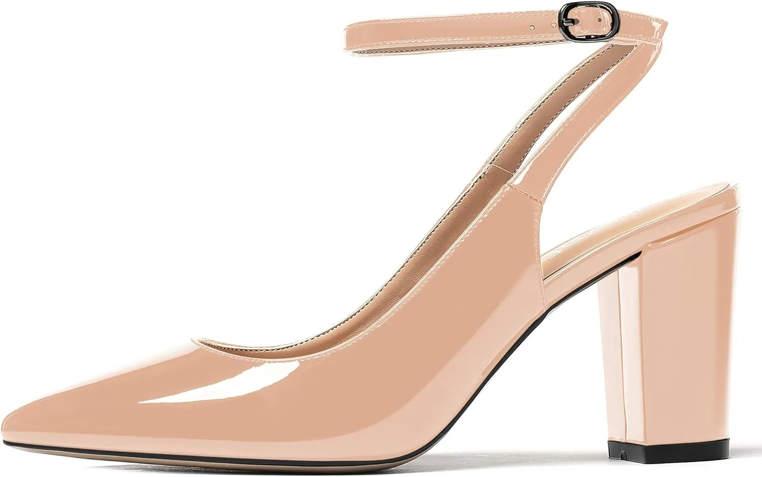 WAYDERNS Women's Slingback Patent Ankle Strap Pointed Toe Block High Heel Pumps Shoes 3 Inch