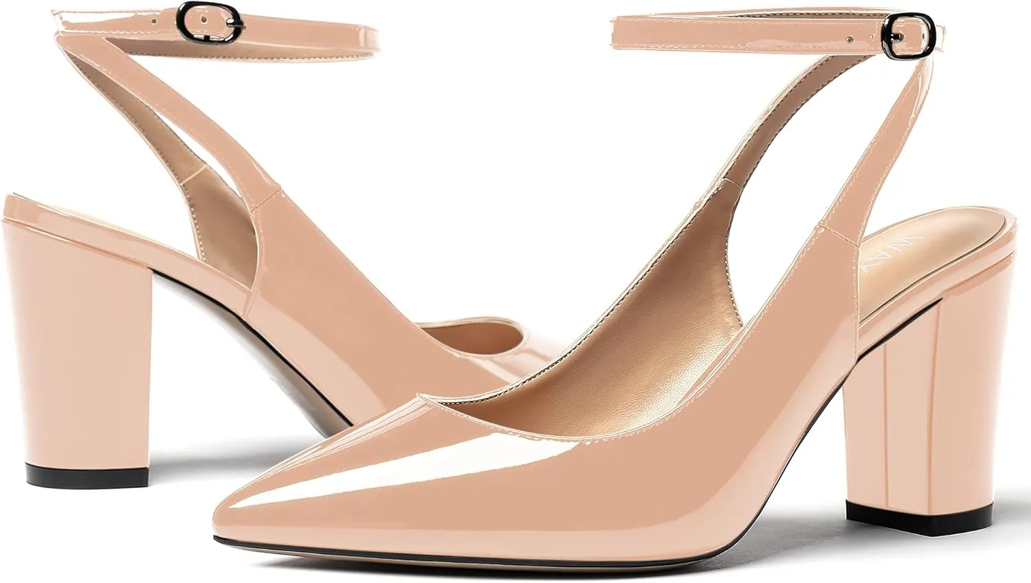 WAYDERNS Women's Slingback Patent Ankle Strap Pointed Toe Block High Heel Pumps Shoes 3 Inch