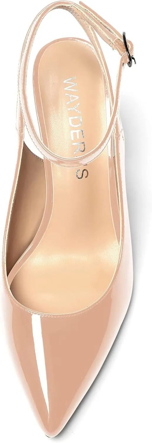 WAYDERNS Women's Slingback Patent Ankle Strap Pointed Toe Block High Heel Pumps Shoes 3 Inch