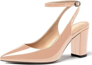 WAYDERNS Women's Slingback Patent Ankle Strap Pointed Toe Block High Heel Pumps Shoes 3 Inch