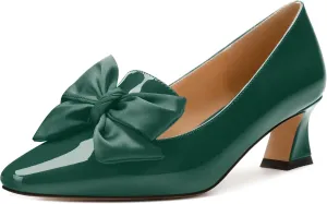 WAYDERNS Womens Slip On Solid Square Toe Bow Patent Casual Dating Kitten Low Heel Pumps Shoes 2 Inch
