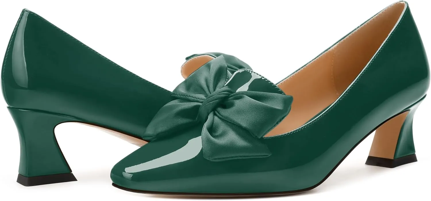 WAYDERNS Womens Slip On Solid Square Toe Bow Patent Casual Dating Kitten Low Heel Pumps Shoes 2 Inch
