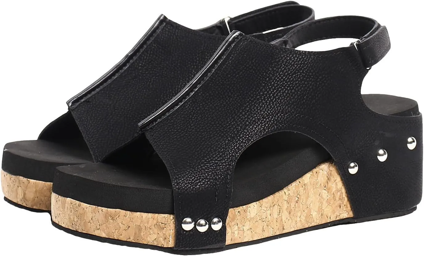 Wedges Heels for Women Dressy, Women's Cork Platform Wedge Sandals Low Heel Open Toe Ankle Strap Comfortable Orthopedic Wedges Ladies Casual Summer Shoes (a-Black, 7)