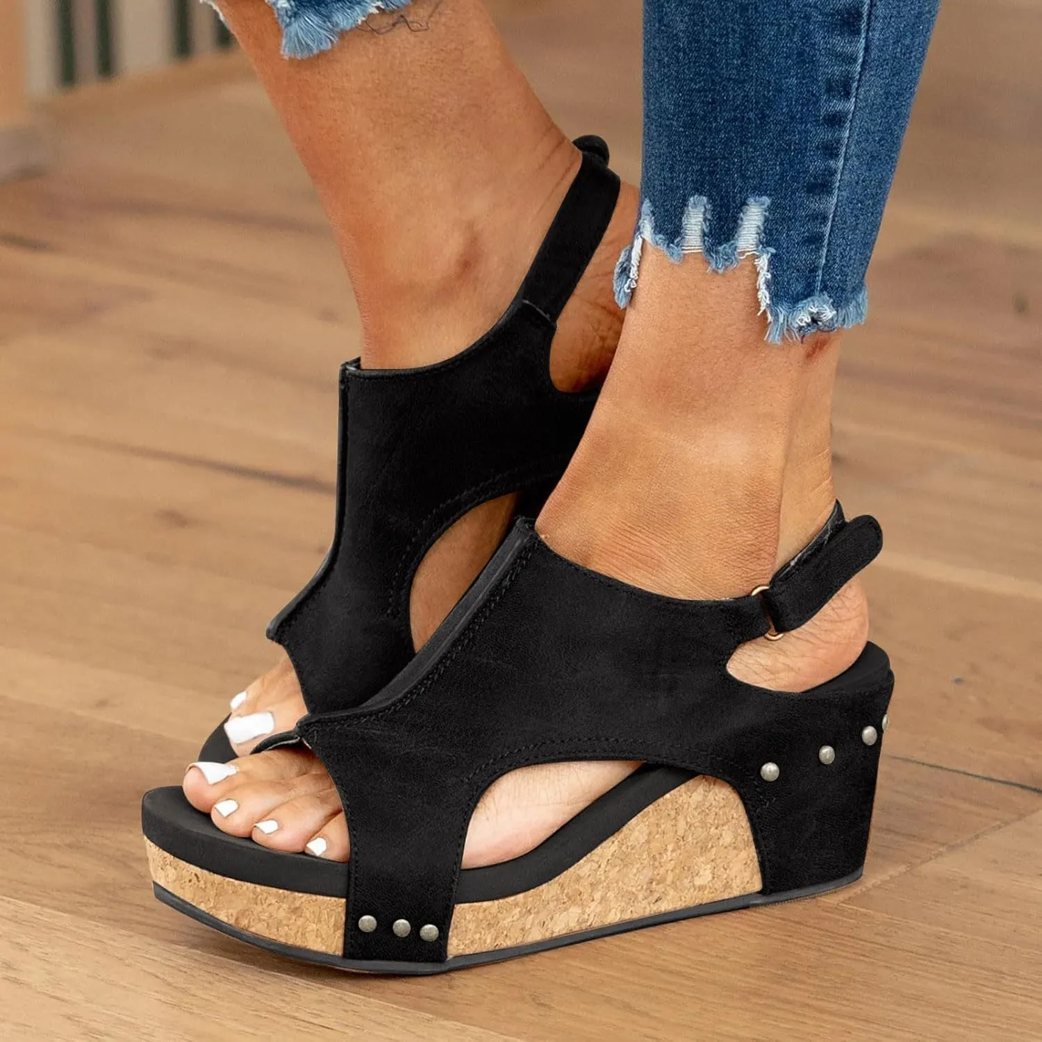 Wedges Heels for Women Dressy, Women's Cork Platform Wedge Sandals Low Heel Open Toe Ankle Strap Comfortable Orthopedic Wedges Ladies Casual Summer Shoes (a-Black, 7)