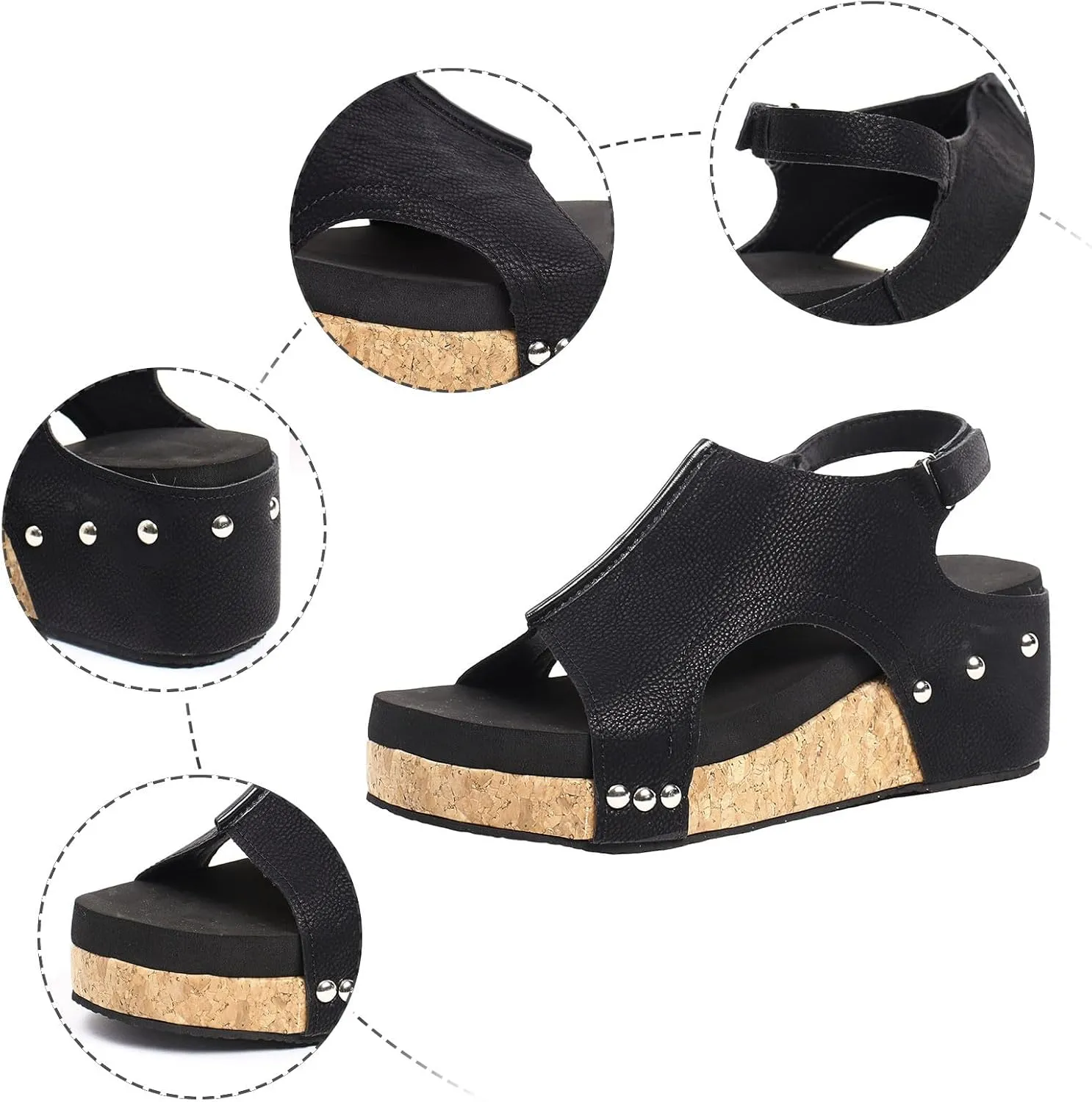Wedges Heels for Women Dressy, Women's Cork Platform Wedge Sandals Low Heel Open Toe Ankle Strap Comfortable Orthopedic Wedges Ladies Casual Summer Shoes (a-Black, 7)