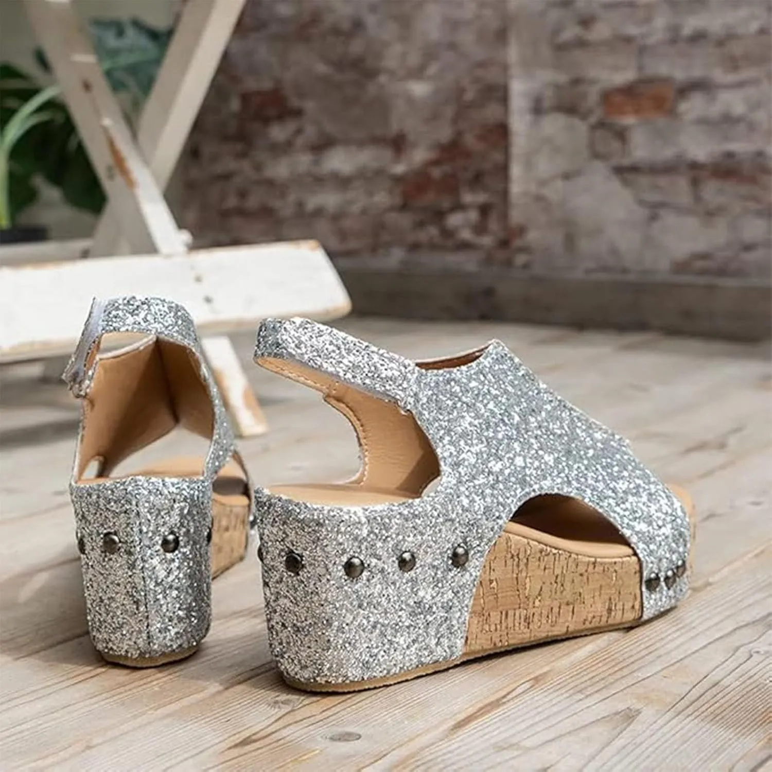 Wedges Heels for Women Dressy, Women's Cork Platform Wedge Sandals Sparkly Low Heel Open Toe Ankle Strap Comfortable Orthopedic Wedges Ladies Casual Summer Shoes (9.5)