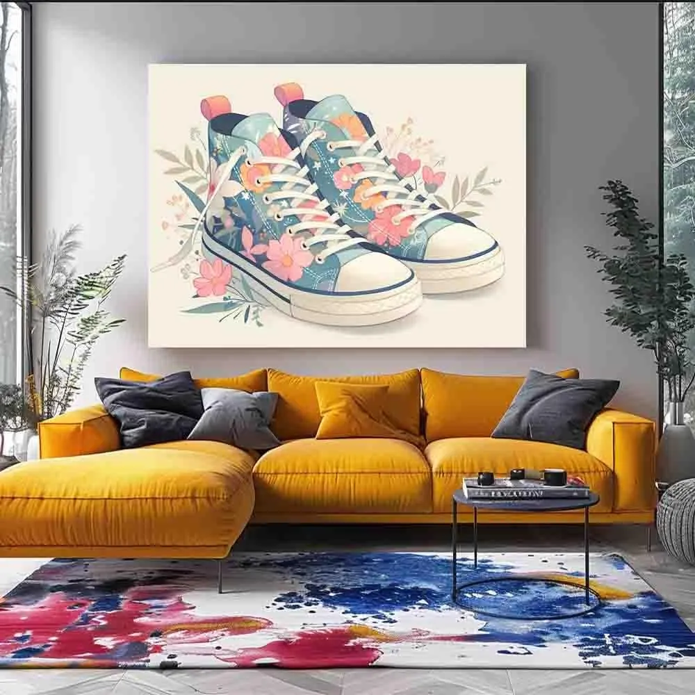 WMHHLS Sneakers Shoe Art Printed Shoes Wall ration, floral illustrations, canvas art, encouraging gift pink,for living room, bedroom, office,12x16inch