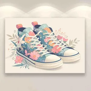 WMHHLS Sneakers Shoe Art Printed Shoes Wall ration, floral illustrations, canvas art, encouraging gift pink,for living room, bedroom, office,12x16inch