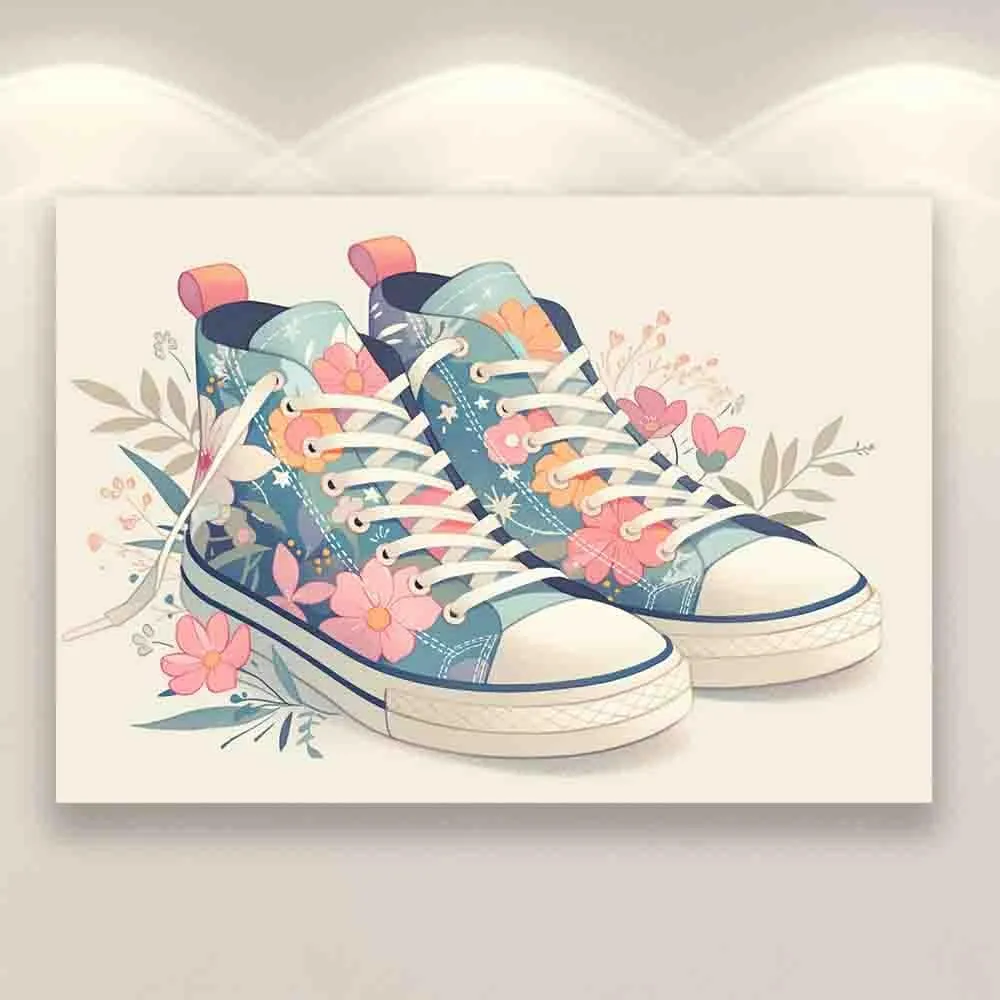 WMHHLS Sneakers Shoe Art Printed Shoes Wall ration, floral illustrations, canvas art, encouraging gift pink,for living room, bedroom, office,12x16inch