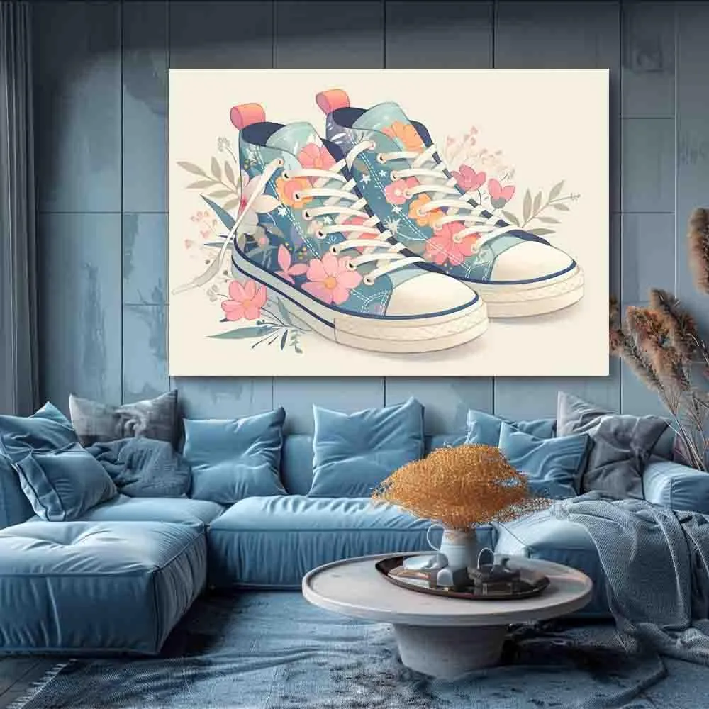 WMHHLS Sneakers Shoe Art Printed Shoes Wall ration, floral illustrations, canvas art, encouraging gift pink,for living room, bedroom, office,12x16inch