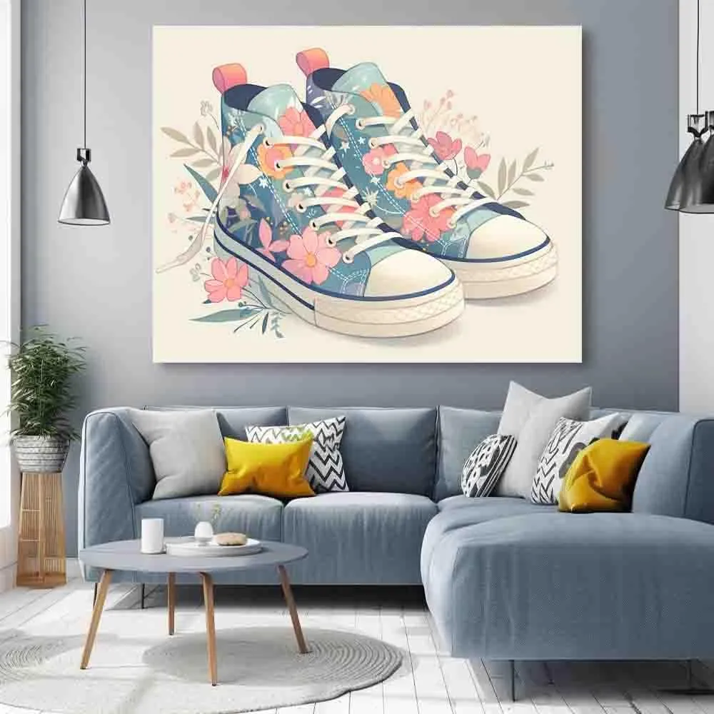 WMHHLS Sneakers Shoe Art Printed Shoes Wall ration, floral illustrations, canvas art, encouraging gift pink,for living room, bedroom, office,12x16inch