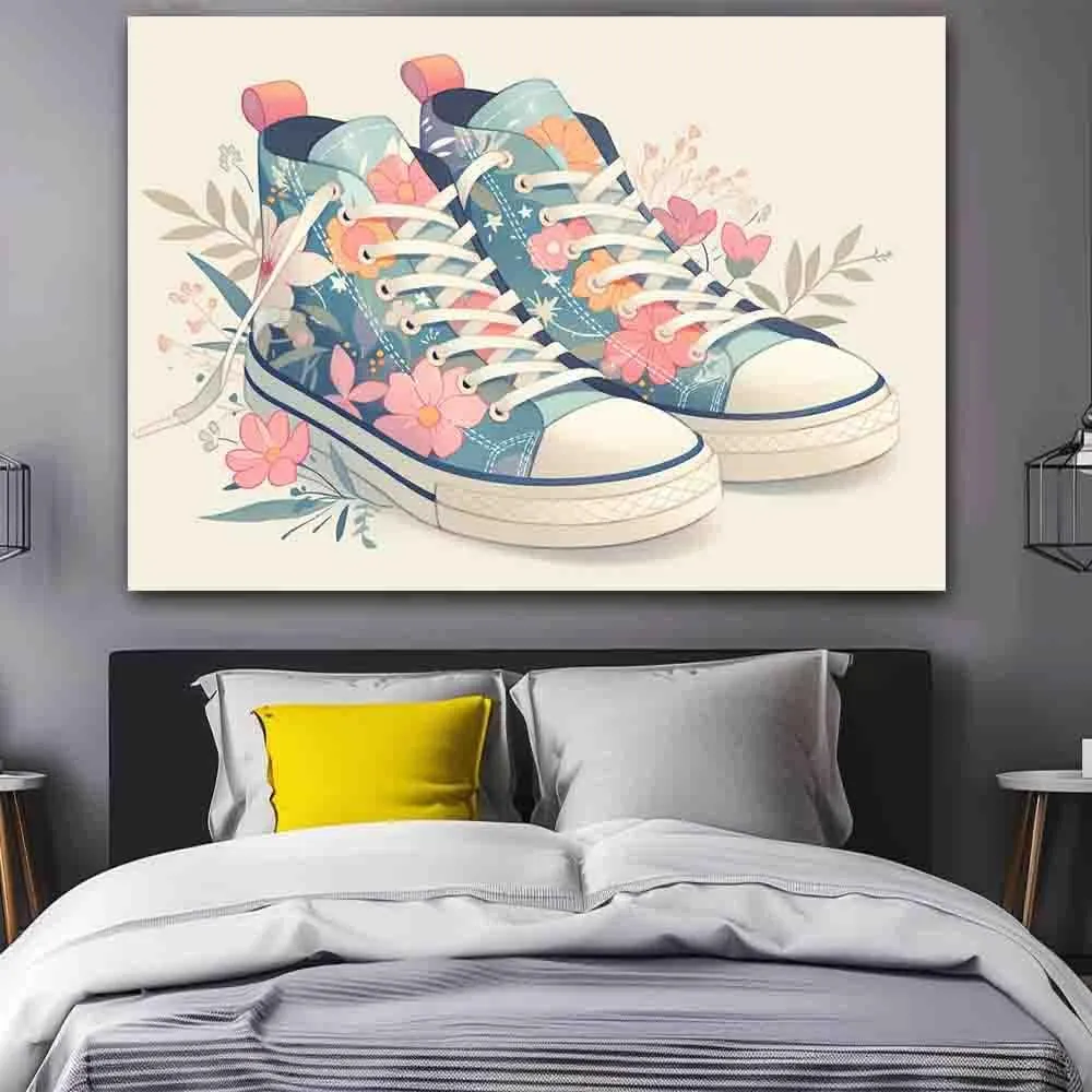 WMHHLS Sneakers Shoe Art Printed Shoes Wall ration, floral illustrations, canvas art, encouraging gift pink,for living room, bedroom, office,12x16inch