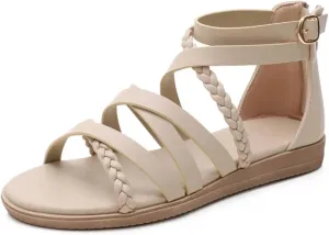 Women Flat Shoes Soft Leather Weave Cross Straps Zipper Open Sandals