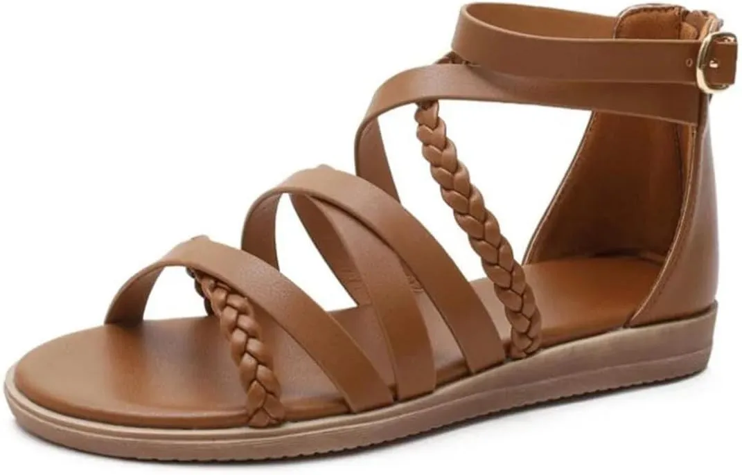 Women Flat Shoes Soft Leather Weave Cross Straps Zipper Open Sandals