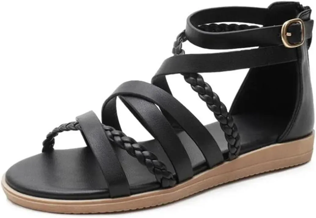 Women Flat Shoes Soft Leather Weave Cross Straps Zipper Open Sandals