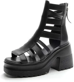 Women Leather Platform Gladiator Sandals Fashion Round Open Toe Back Zipper Chunky Wedge Roman Sandals Summer Casual Beach Parties Shoes