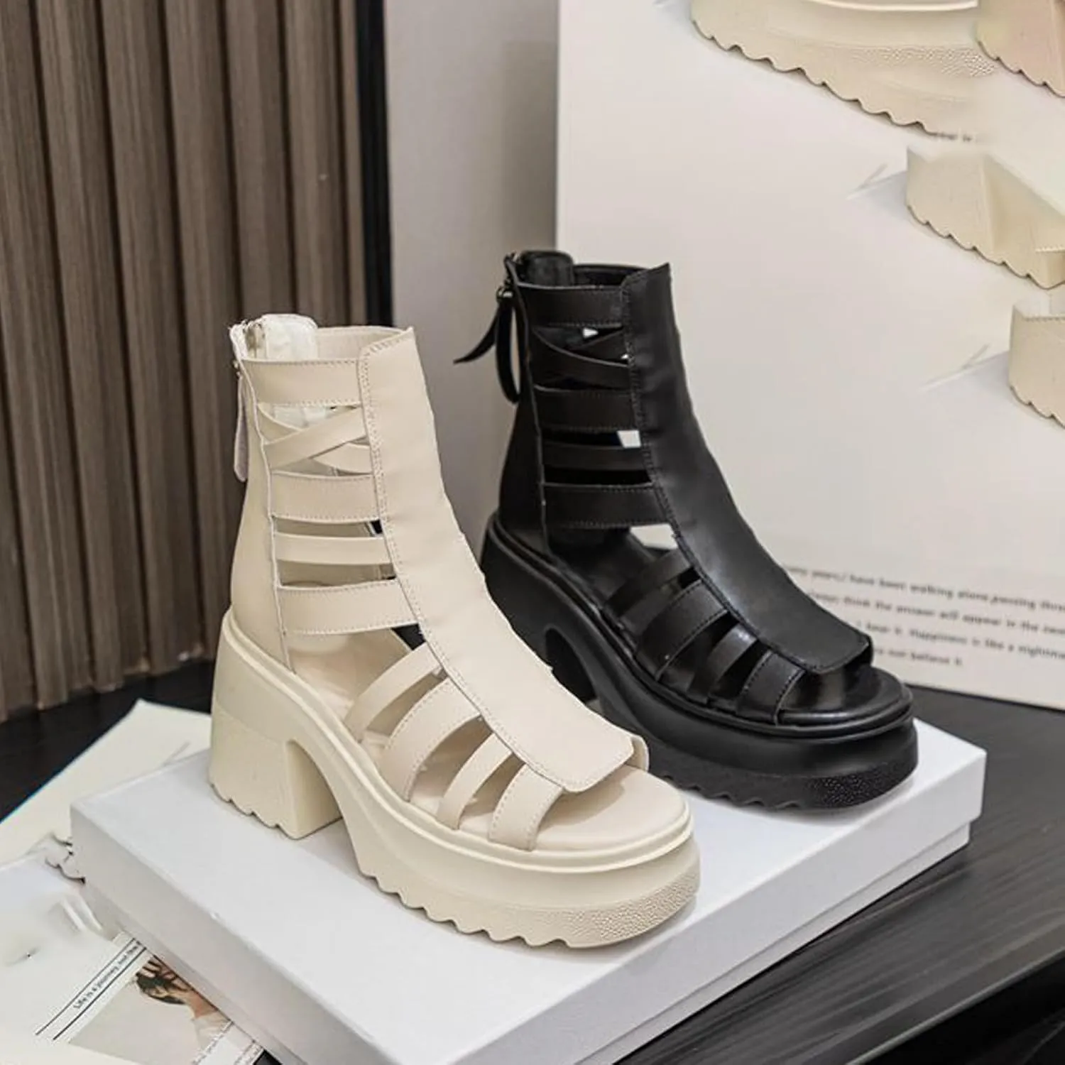 Women Leather Platform Gladiator Sandals Fashion Round Open Toe Back Zipper Chunky Wedge Roman Sandals Summer Casual Beach Parties Shoes