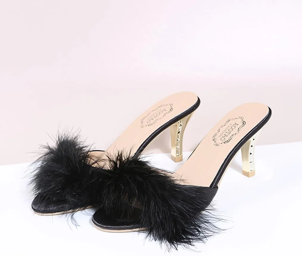 Women Sexy Slipper Cute Fuzzy Heels Furry Kitten Heels for Lingerie Wedding Birthday