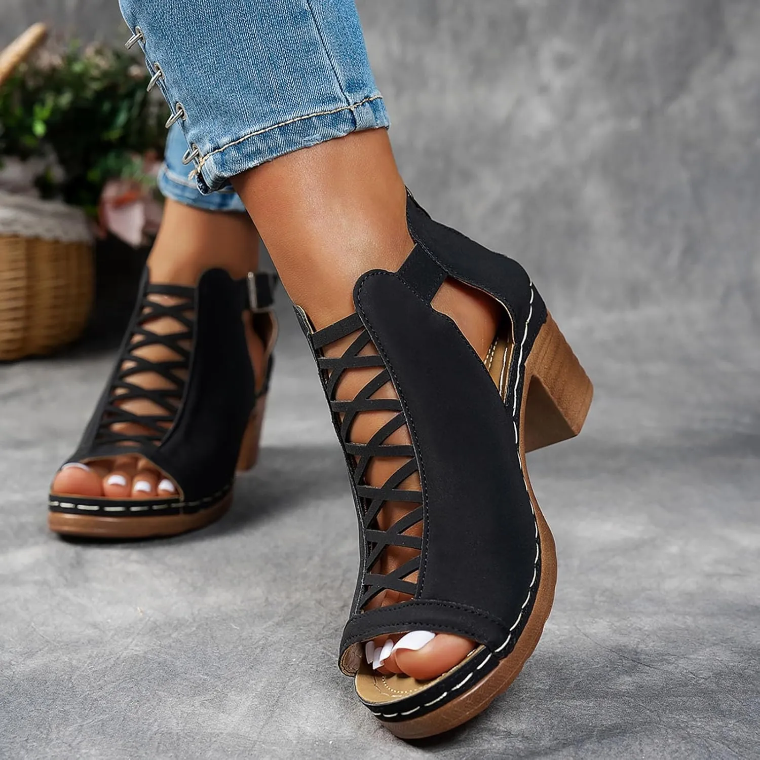 Women's Chunky High Heels Sandals Open Toe Thick Heel Sandals Summer Wedding Party Dress Shoes with Back Zip