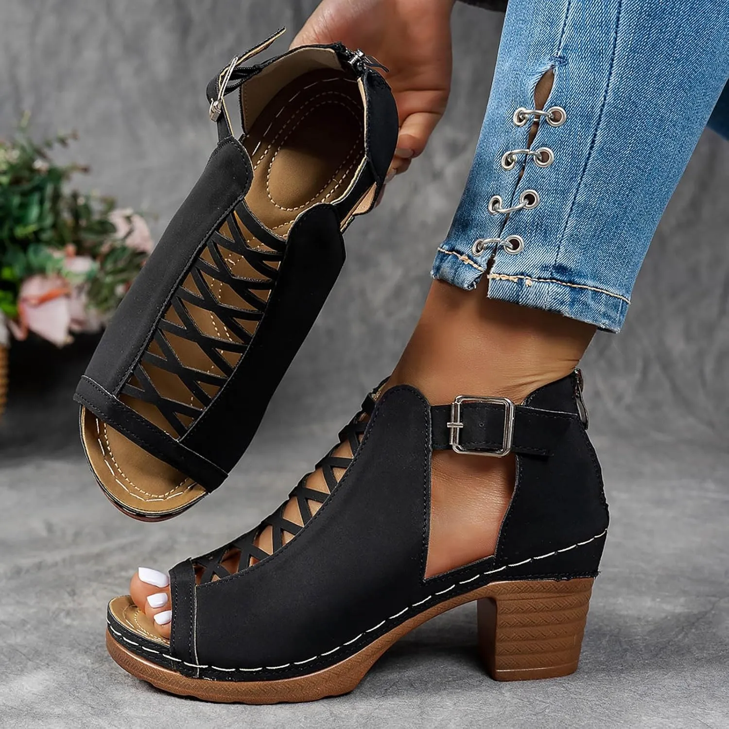 Women's Chunky High Heels Sandals Open Toe Thick Heel Sandals Summer Wedding Party Dress Shoes with Back Zip