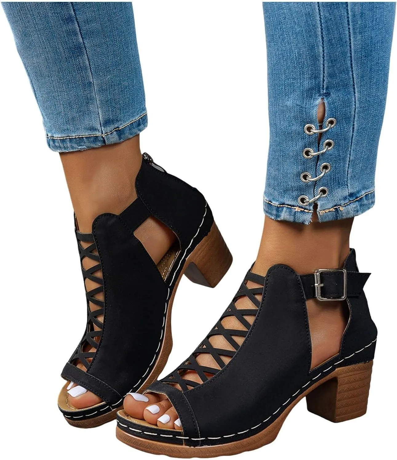 Women's Chunky High Heels Sandals Open Toe Thick Heel Sandals Summer Wedding Party Dress Shoes with Back Zip