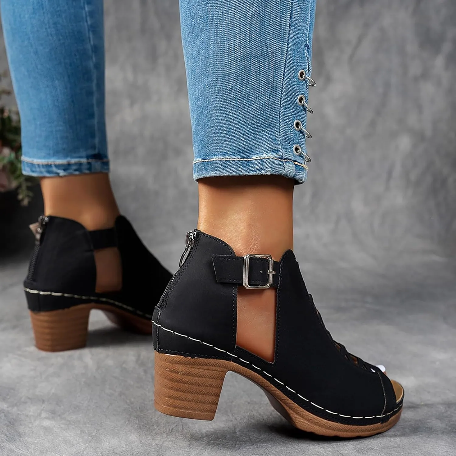 Women's Chunky High Heels Sandals Open Toe Thick Heel Sandals Summer Wedding Party Dress Shoes with Back Zip