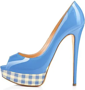 Women's Color Plaid Platform Pumps Stiletto Heels Open Toe Classic Fashion Dress Sandals Wedding Bride Party Shoes Large Size 34-45