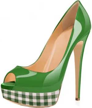 Women's Color Plaid Platform Pumps Stiletto Heels Open Toe Classic Fashion Dress Sandals Wedding Bride Party Shoes Large Size 34-45
